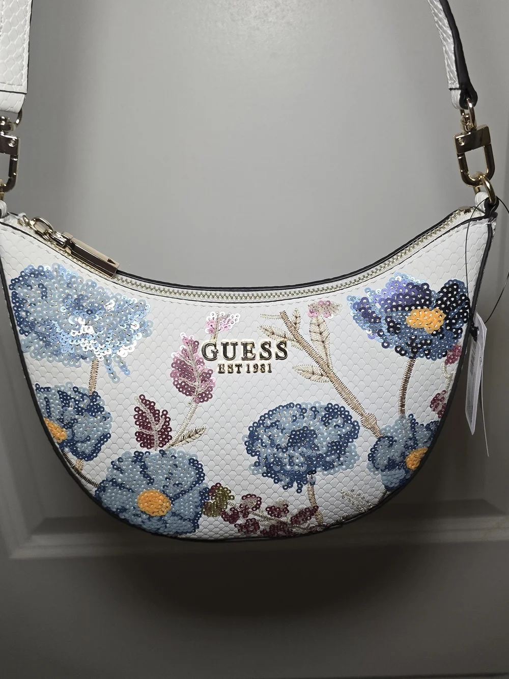 GUESS White Floral Sequin Shoulder Bag - Picture 5 of 6